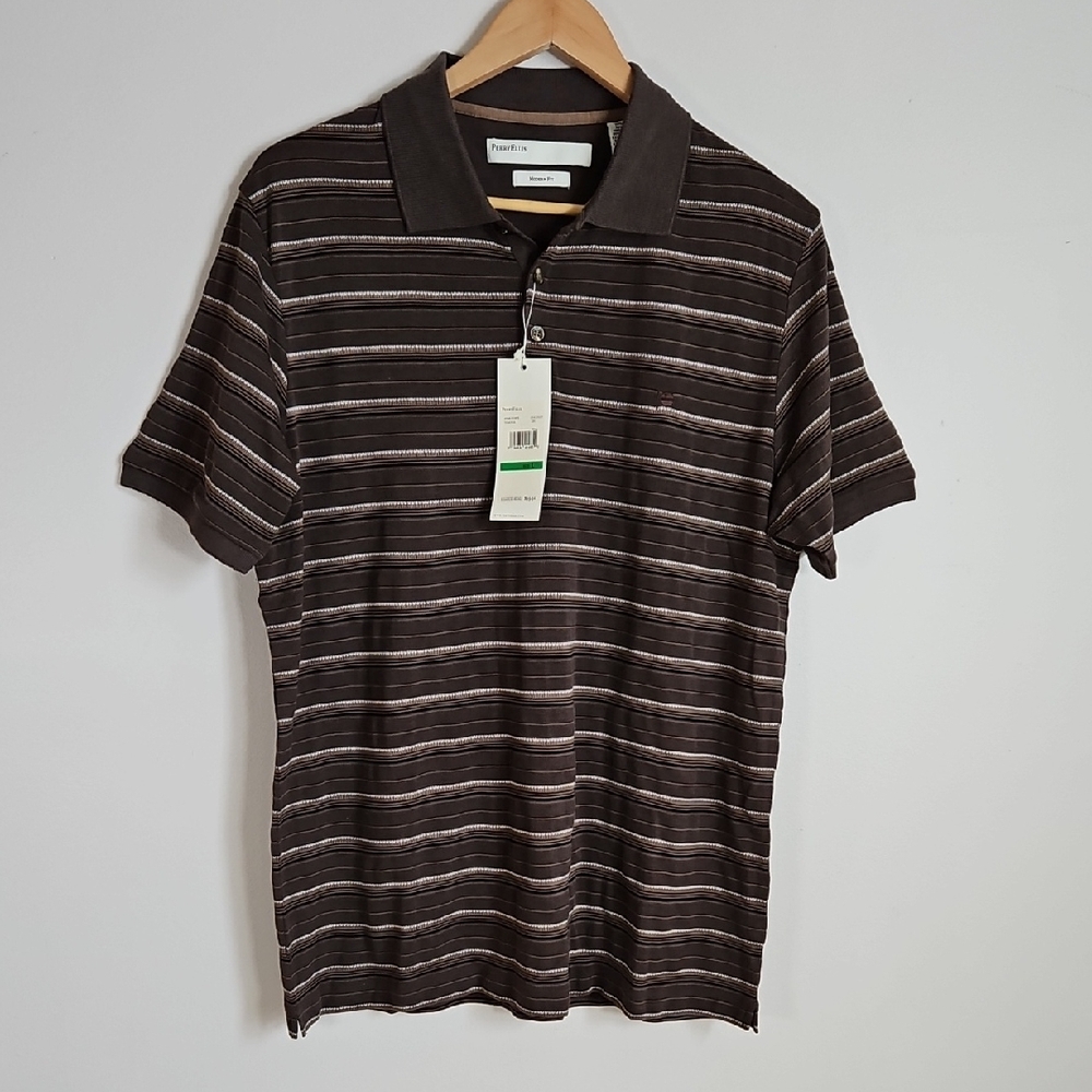 Perry Ellis Mens 70% Silk Polo Shirt Brown Stripe Modern Fit Athleisure LG NEW